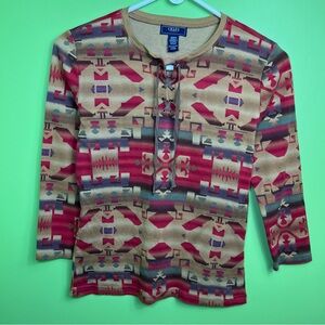 Chaps Shirt Multicolor, Aztec, 3/4 Sleeve, V-neck Tie size M